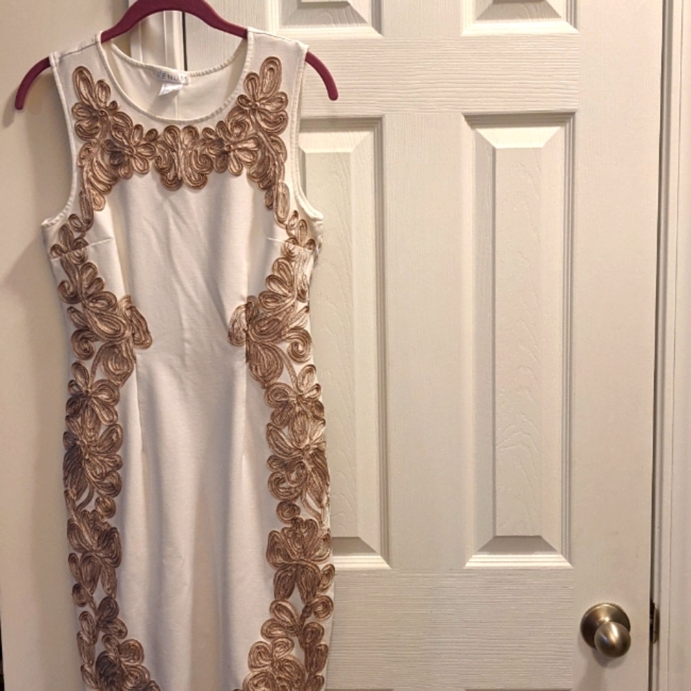 White bodycon dress with gold embroidery